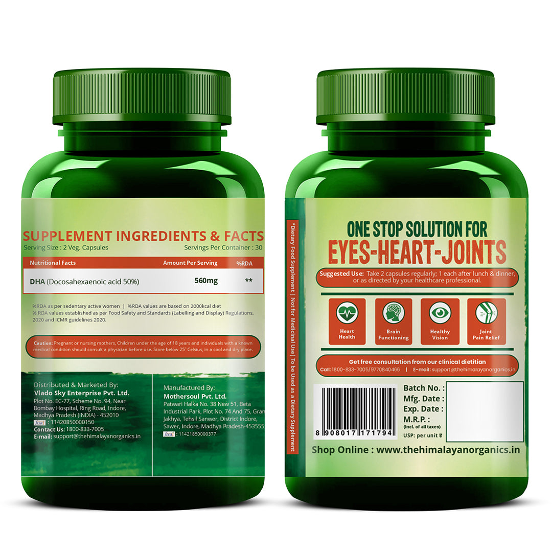 Vlado's Himalayan Organics Vegan Omega 3 6 9 with DHA (560mg) for Healthy Heart, Joints & Eyes for Men & Women - 60 veg capsules