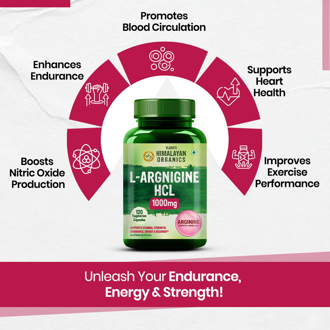 Vlado's Himalayan Organics L-Arginine 1000 mg With Chromium Picolinate Supplement | Improve Muscle Growth Boost Energy And Stamina | Good For Men And Women - 120 Veg  Caps