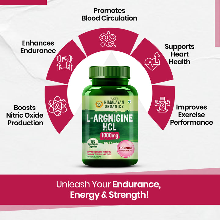Vlado's Himalayan Organics L-Arginine 1000 mg With Chromium Picolinate Supplement | Improve Muscle Growth Boost Energy And Stamina | Good For Men And Women - 120 Veg  Caps