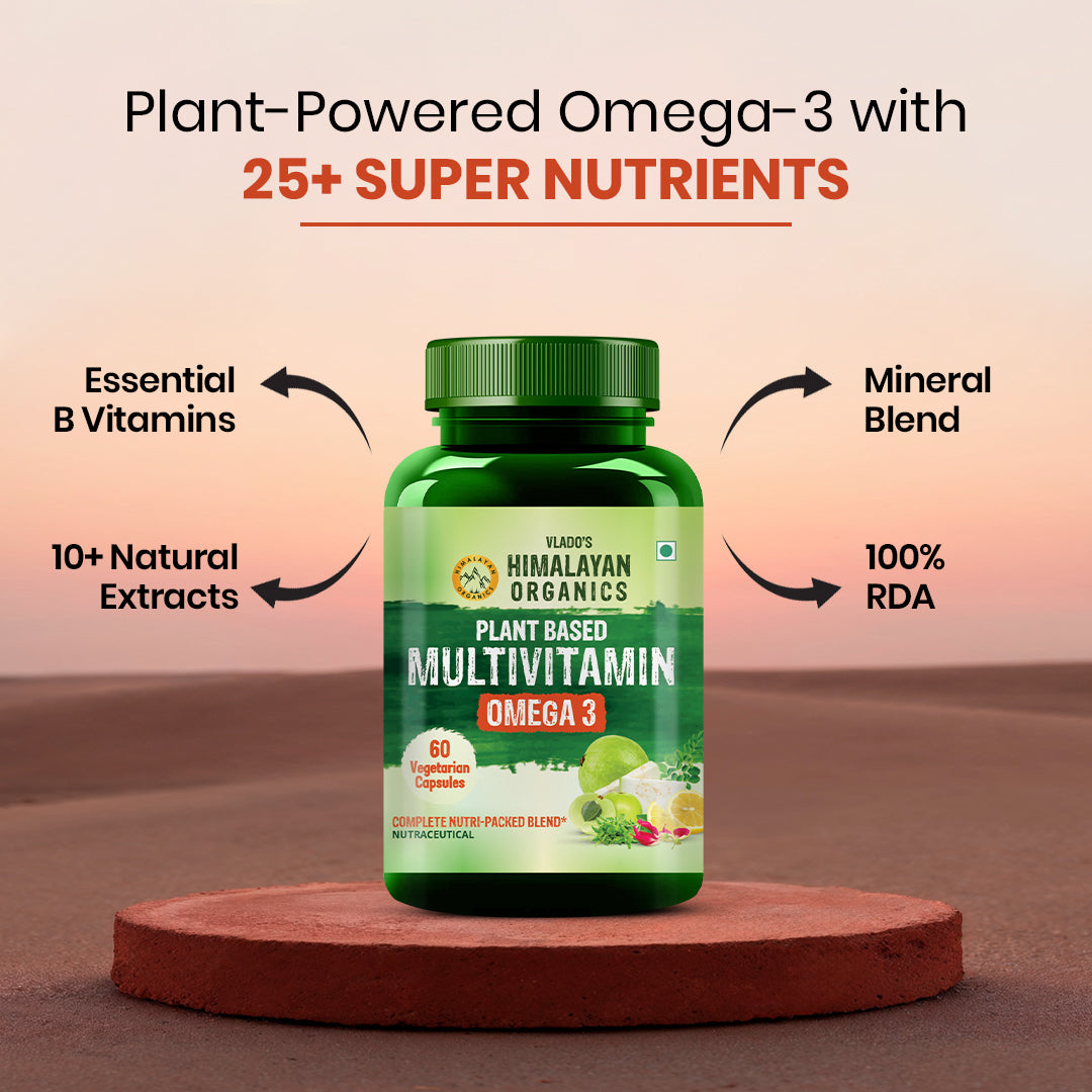 Vlado's Himalayan Organics Plant Based Vegan Omega-3 with Multivitamin, EPA, DHA, B1,B2,B3,B5,B7,B9,B9,B12,C,D3,K2, 25+ Ingredients for Energy, Immunity, Heart, Bone & Joints Support - 60 Veg capsules