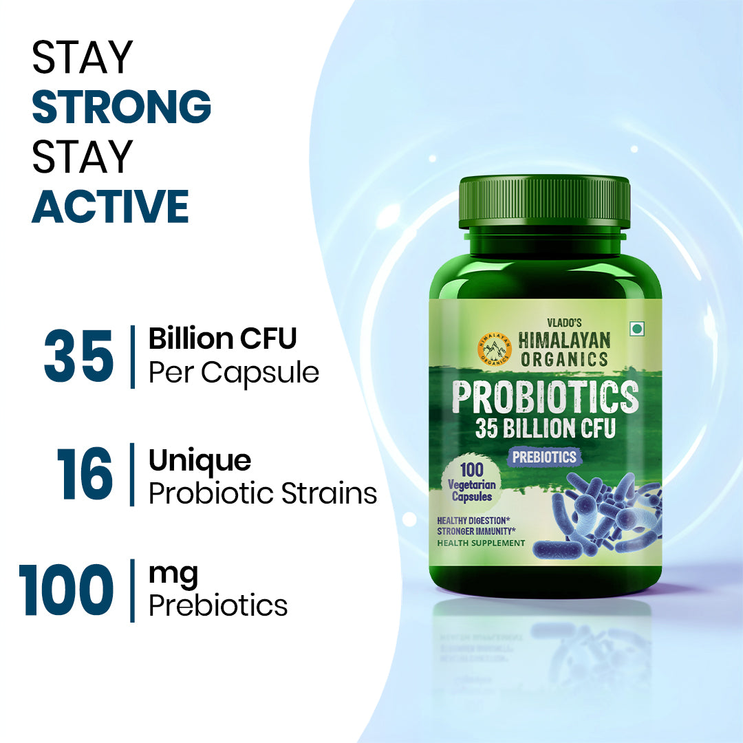Vlado's Himalayan Organics Probiotics Supplement 35 Billion CFU for women & men, 16 Strains with Prebiotics - 100 Veg Capsules