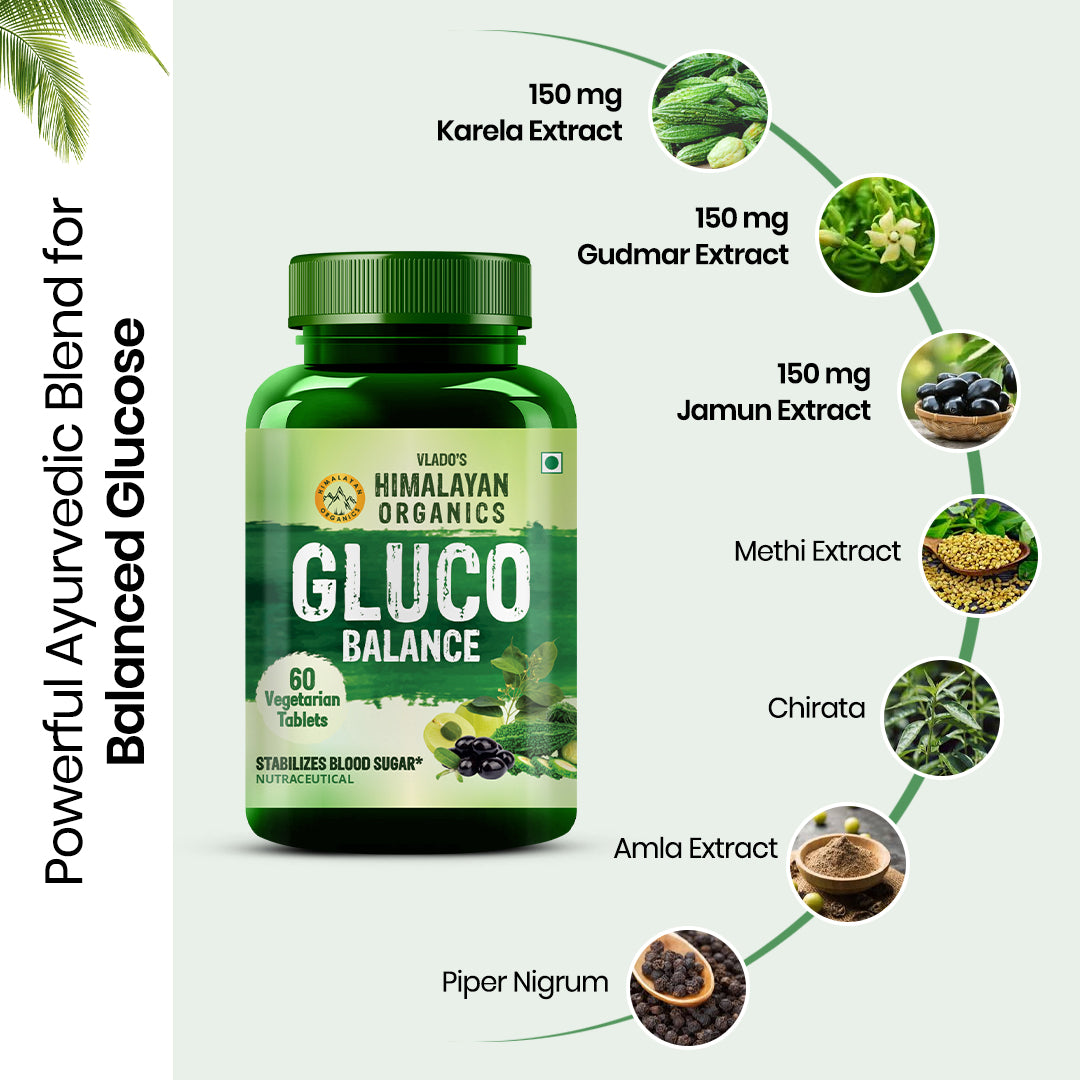 Vlado's Himalayan Organics Plant Based Gluco Balance with Jamun, Bittermelon, Amla, Gudmar, Chirayta Extracts | 60 Veg Tablets