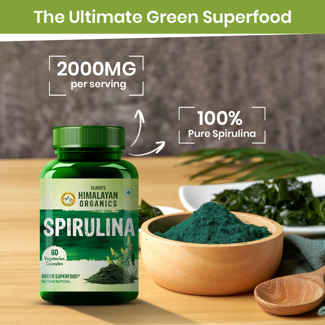Vlado's Himalayan Organics Spirulina 2000mg Supplement | Green Food For Good Health Weight Management And Immunity Booster | Helps In Healthy Heart - 60 Veg Capsules