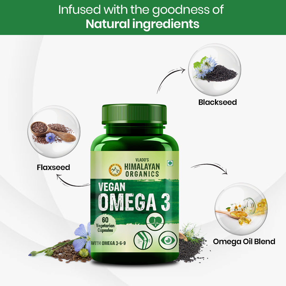 Vlado's Himalayan Organics Omega 3 6 9 Vegan Natural Nutrition Supplement for Muscle , Bone , Heart & Skin - 60 Capsules