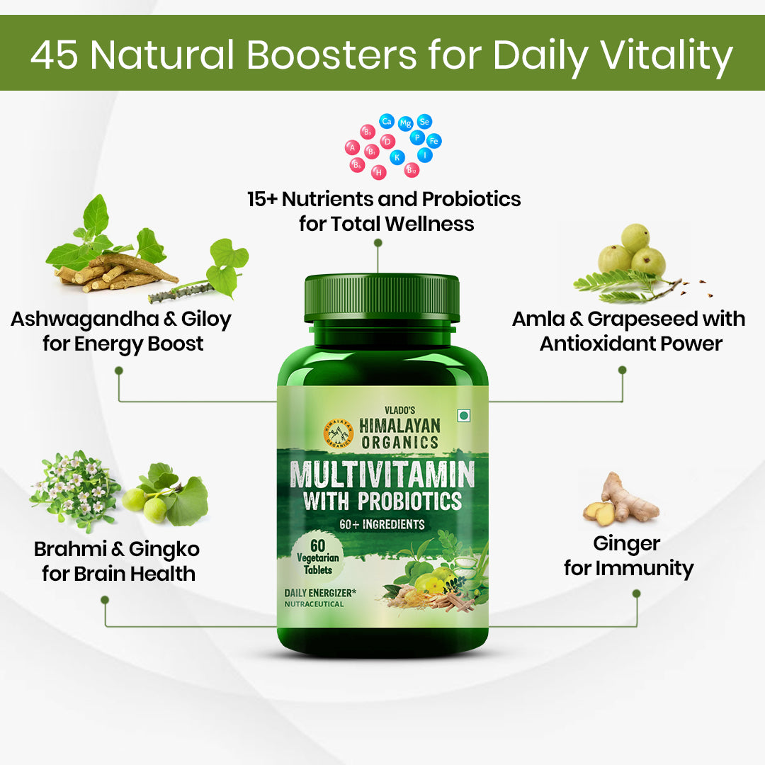 Vlado's Himalayan Organics Multivitamin with Probiotics (60 Tablets) 60 Ingredients for Men & Women with Vitamin C, D, E, B3, B12, Zinc, Giloy & Biotin