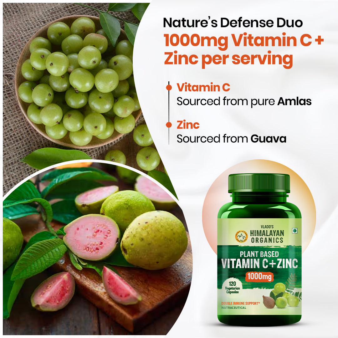 Vlado's Himalayan Organics Plant Based Vitamin C with Zinc (120 Capsules) As Amla Extract - Glowing Skin & Immunity