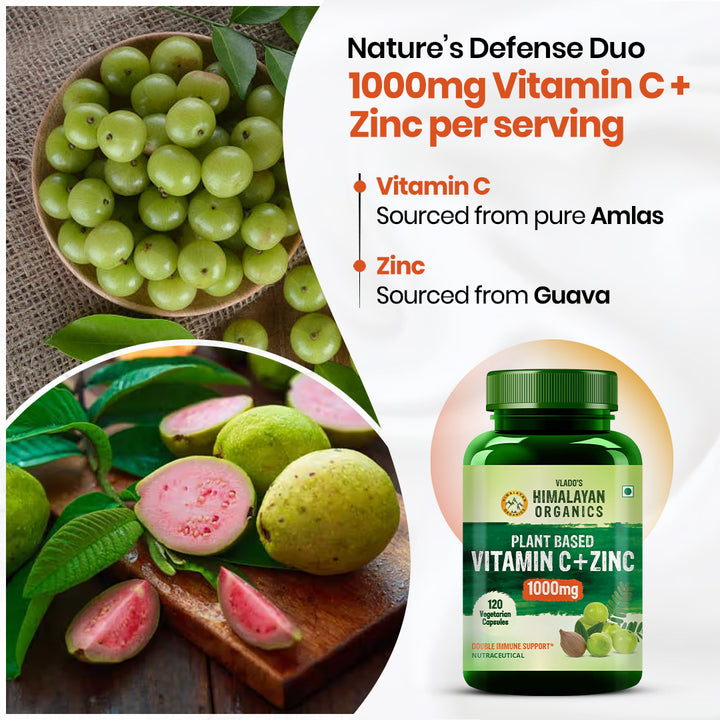 Vlado's Himalayan Organics Plant Based Vitamin C with Zinc (120 Capsules) As Amla Extract - Glowing Skin & Immunity