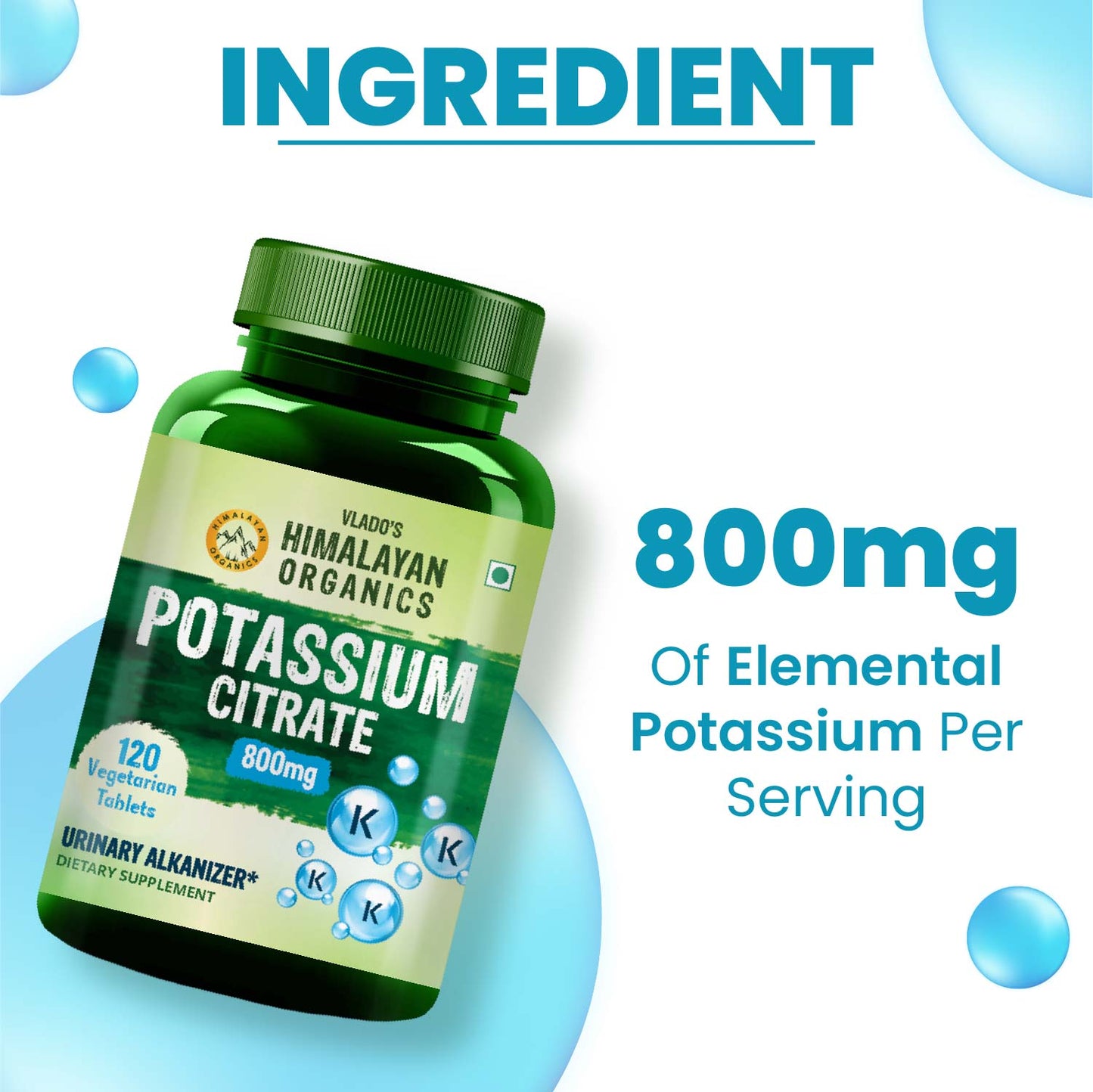 Vlado's Himalayan Organics Potassium Citrate 800mg | Supports Nerve & Muscle Health - 120 Veg Tablets