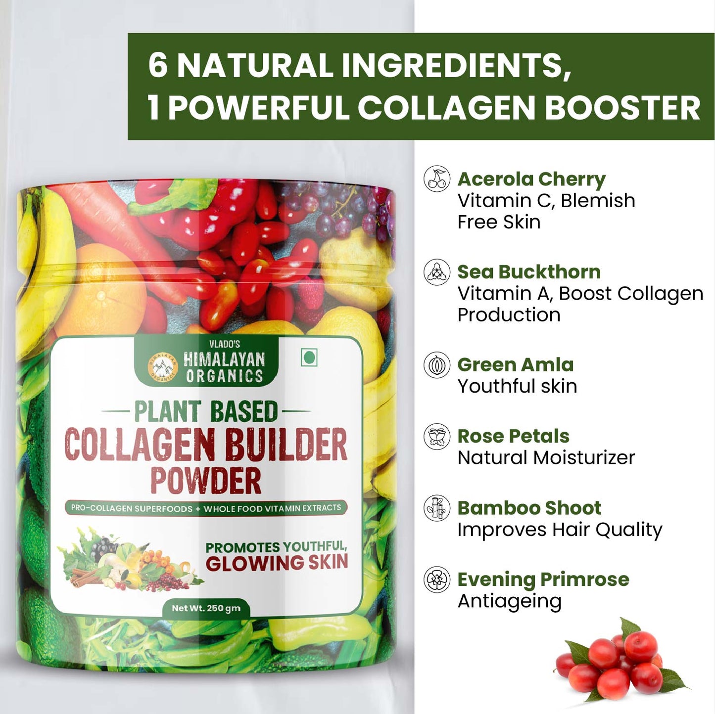 Vlado's Himalayan Organics Plant Based Collagen Builder Powder for Skin Regeneration, Anti-Aging Beauty & Repair (With Sea Buckthorn, Evening Primrose, Acai Berry) – 250gm