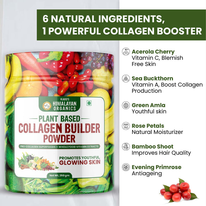 Vlado's Himalayan Organics Plant Based Collagen Builder Powder for Skin Regeneration, Anti-Aging Beauty & Repair (With Sea Buckthorn, Evening Primrose, Acai Berry) – 250gm