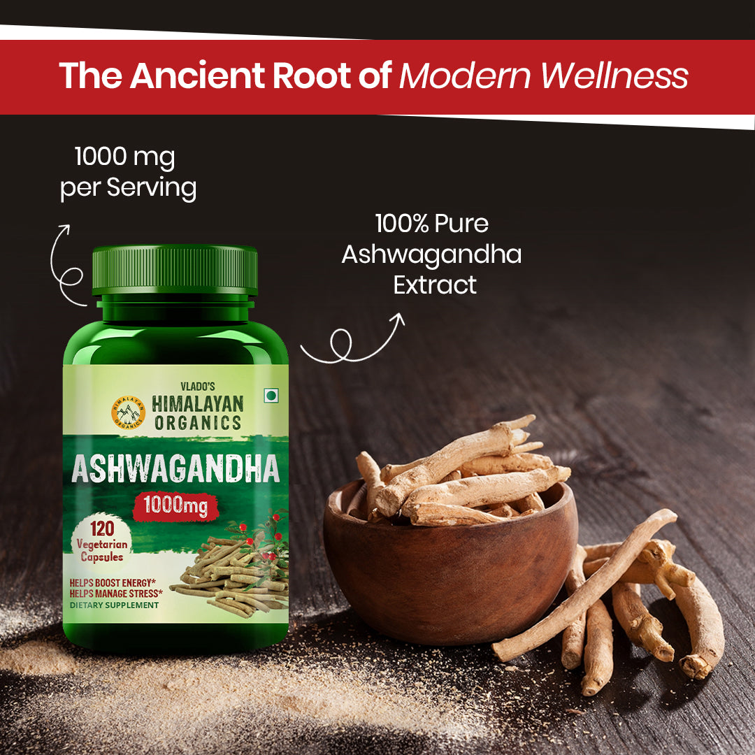 Vlado's Himalayan Organics Ashwagandha 1000mg / Serve for Anxiety Stress Relief & Endurance - 120 Veg Capsules