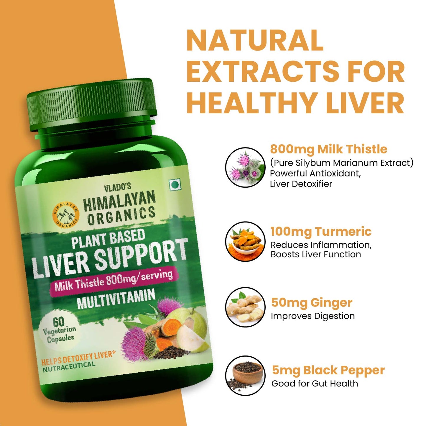 Vlado's Himalayan Organics Plant Based Liver Support with Milk Thistle for Liver Support  - 60 Veg Capsules