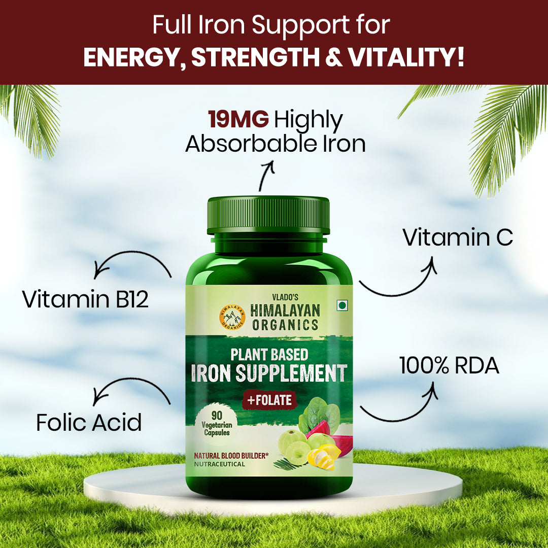 Vlado's Himalayan Organics Plant Based Iron with Folate for Better Hemoglobin, Immunity, Oxygen Binding Capacity - 90 Veg Capsules