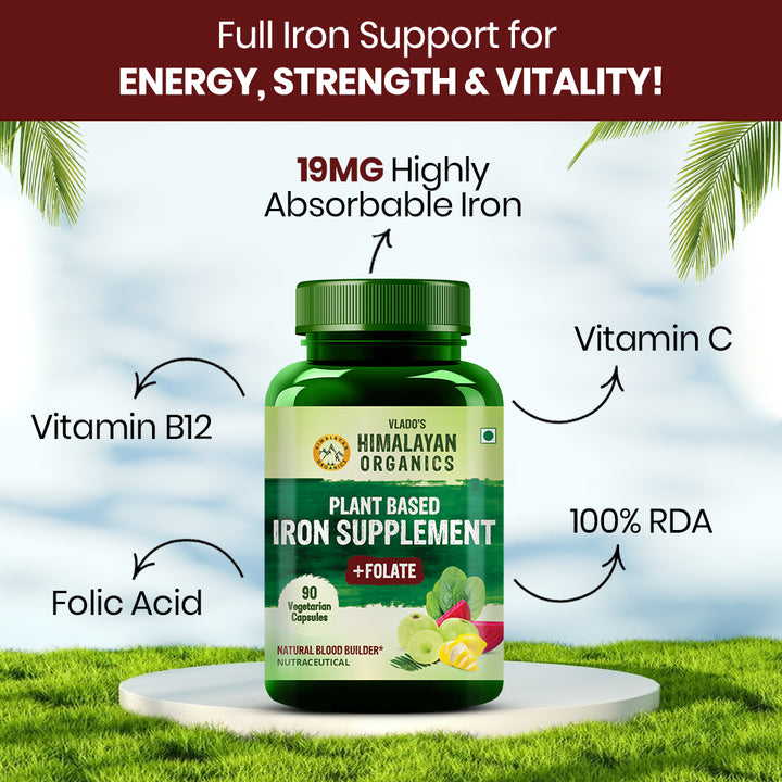 Vlado's Himalayan Organics Plant Based Iron with Folate for Better Hemoglobin, Immunity, Oxygen Binding Capacity - 90 Veg Capsules
