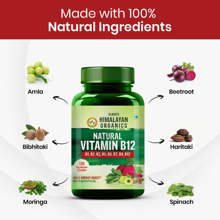 Vlado's Himalayan Organics Natural Vitamin B12 Supplement | B1,B2,B3,B5,B6,B7,B9,Moringa| Boost Energy Level | Good For Digestion And Nerve Health | Glowing Skin For Men & Women - 120 Vegetarian Capsules