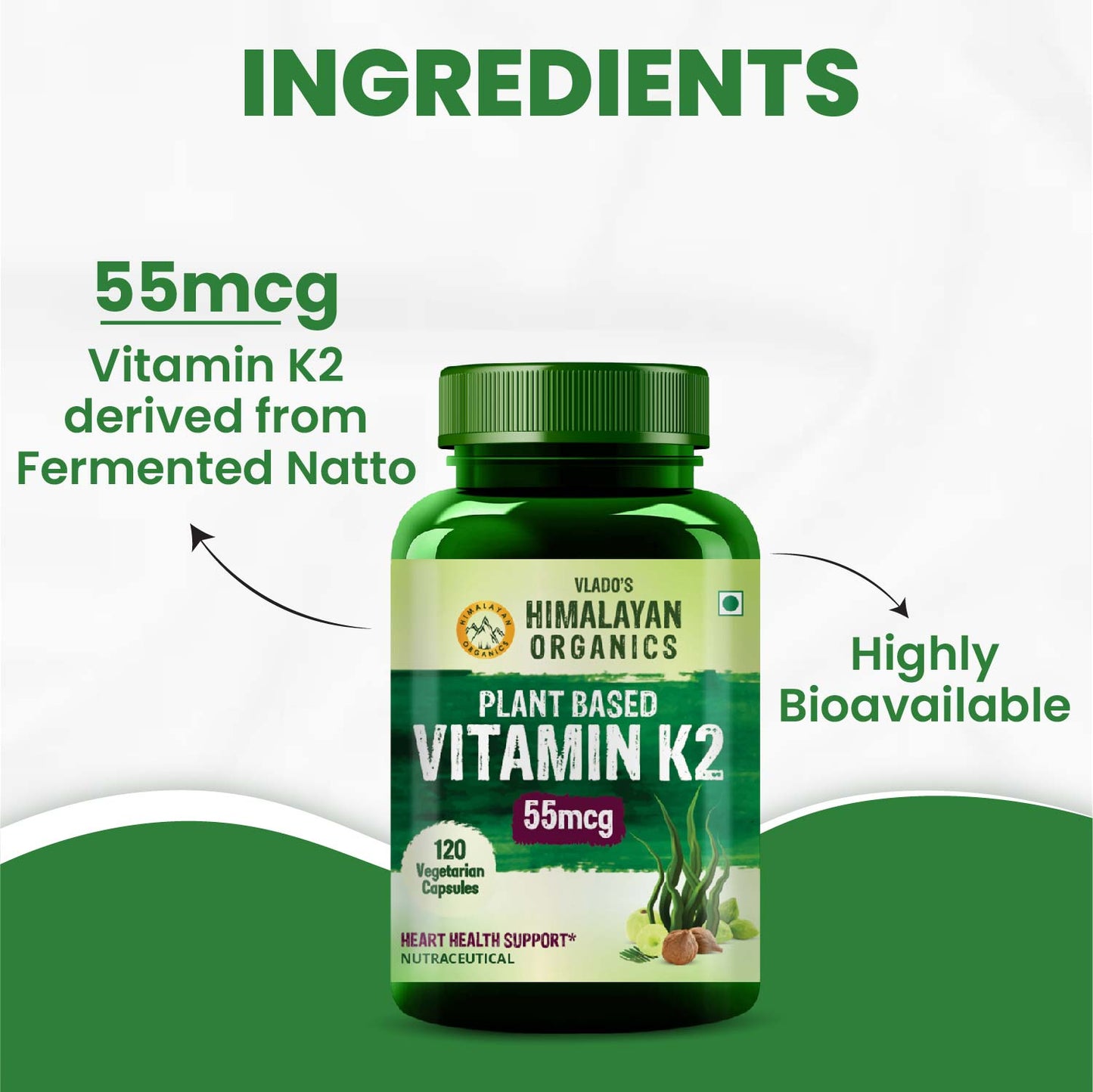 Vlado's Himalayan Organics Plant-Based Vitamin K2 Supplement Supports Stronger Bone & Heart Health - 120 Veg Capsules