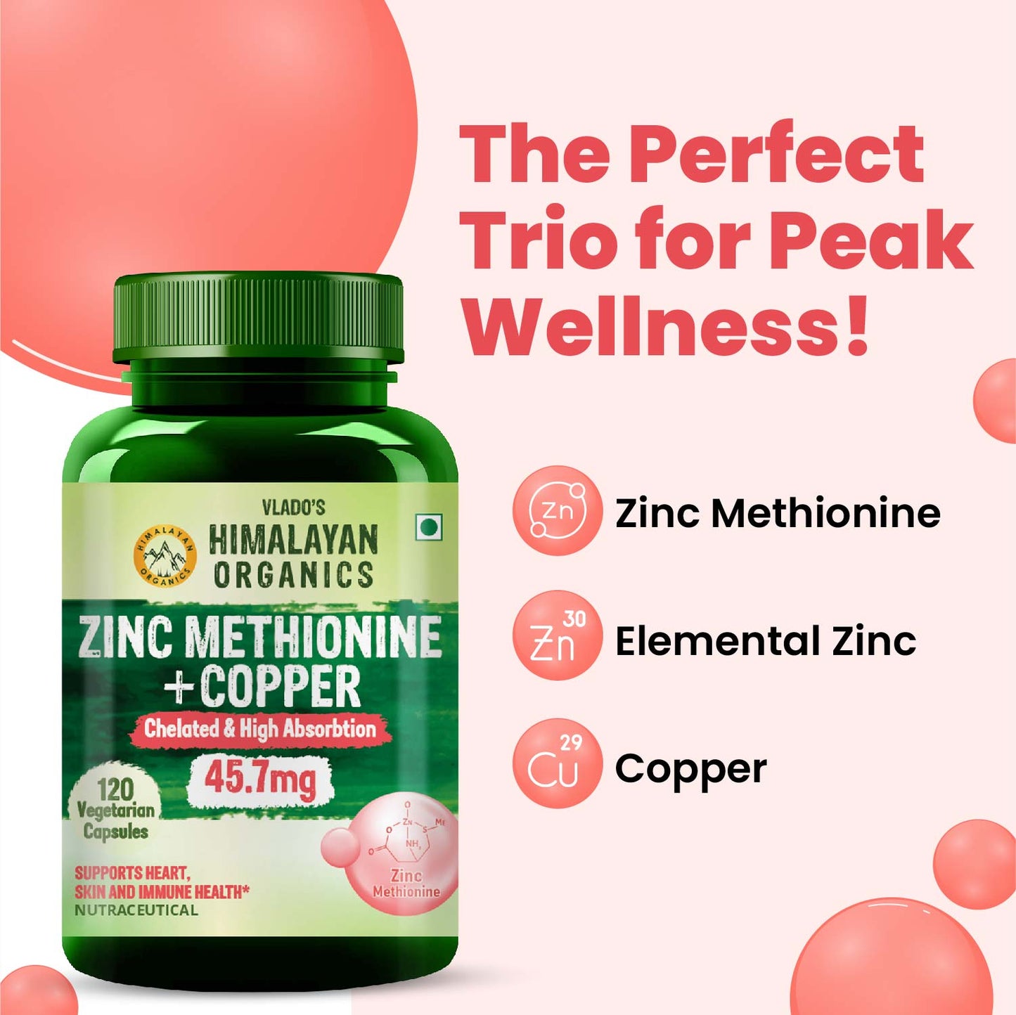 Vlado's Himalayan Organics Zinc Methionine Chelated Copper | Support Healthy Immune | Promotes  Skeetal  Health | Antioxidant Support - 120 Veg Capsules