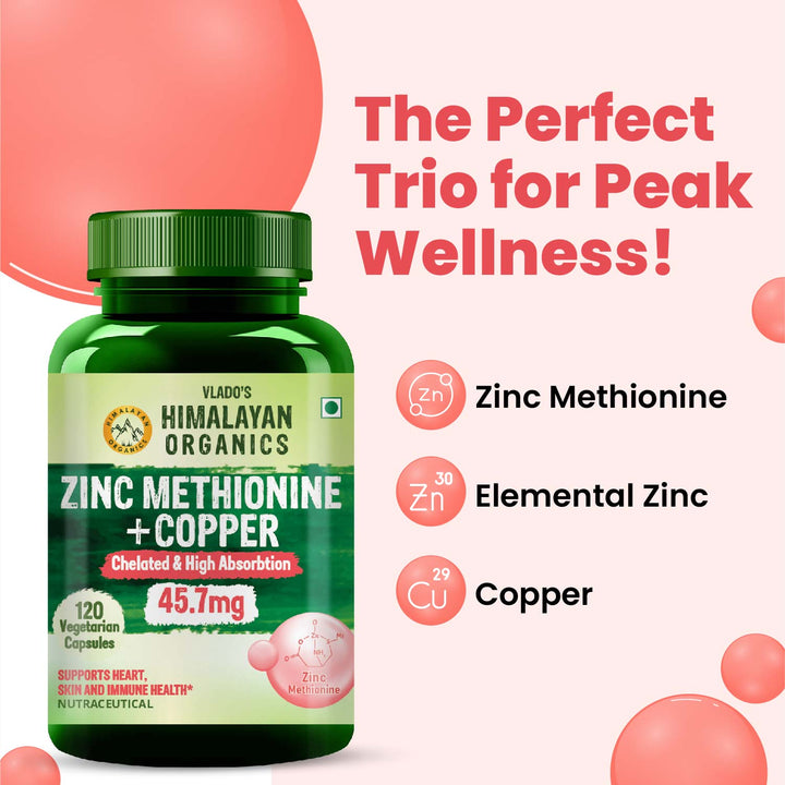 Vlado's Himalayan Organics Zinc Methionine Chelated Copper | Support Healthy Immune | Promotes  Skeetal  Health | Antioxidant Support - 120 Veg Capsules