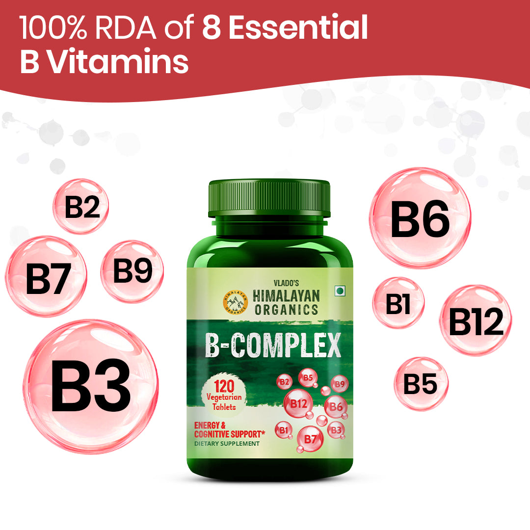 Vlado's Himalayan Organics Vitamin B Complex with 100% RDA B1, B2, B3, B5, B6, B7, B9 & B12 Supplement to Support Cognitive Health - 120 Veg Tablets