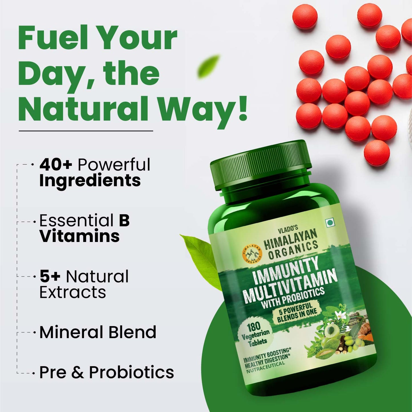 Vlado's Himalayan Organics Immunity Multivitamin with Probiotics with Vitamin C, D, K2, Zinc, Ginseng, Giloy, Biotin For Men & Women - 180 Veg Tablets