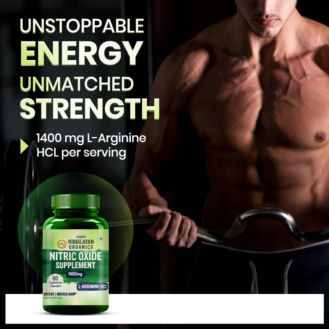 Vlado's Himalayan Organics Nitric Oxide 1400mg With L-Arginine HCI Caffeine Supplement | Good For Muscle Growth, Stamina, Recovery, Immune Booster & Energy- 60 Veg Capsules
