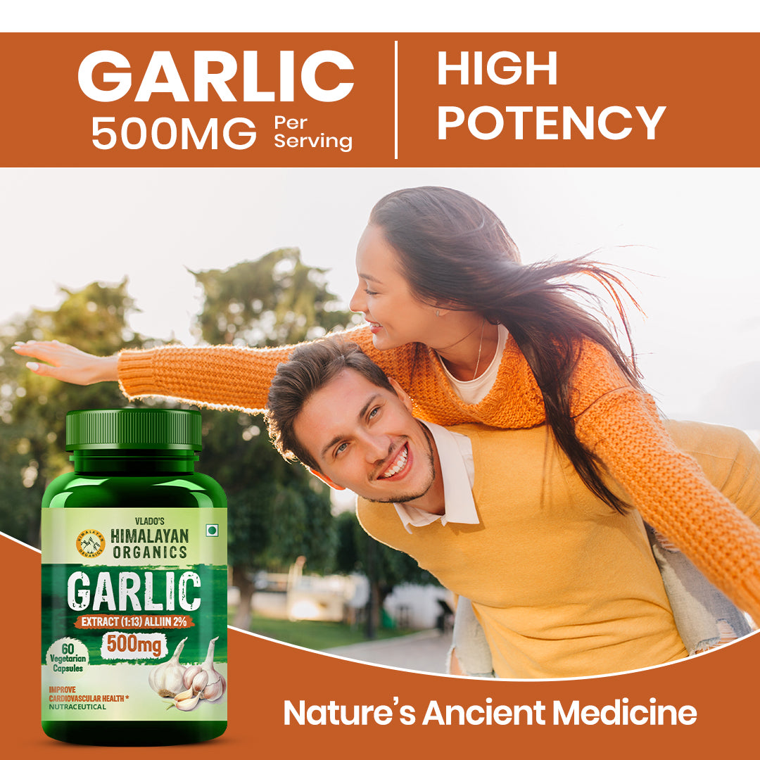 Vlado’s Himalayan Organics Garlic Extract 500Mg Supplement | Extract (1:13) Allium Sativum - 2% | Improve Heart Health, Boost Immunity, Maintain Cholesterol Level - 60 veg Capsules