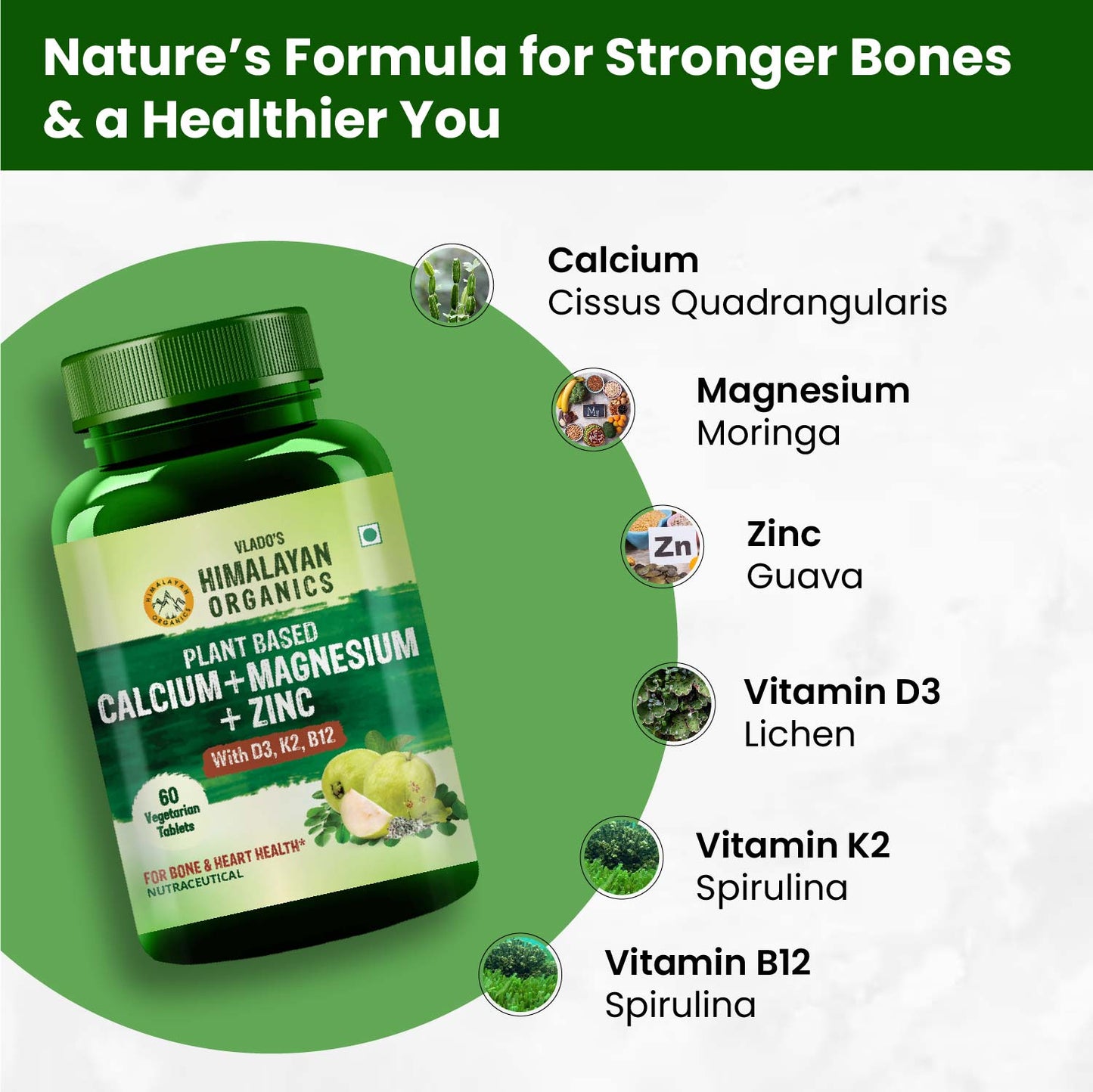 Vlado's Himalayan Organics Plant Based Calcium Magnesium + Zinc | Vitamin D3+k2 Supplement For Stronger Bones | Boost Immunity | Healthy Heart | Muscle Growth - 60Veg Tablets