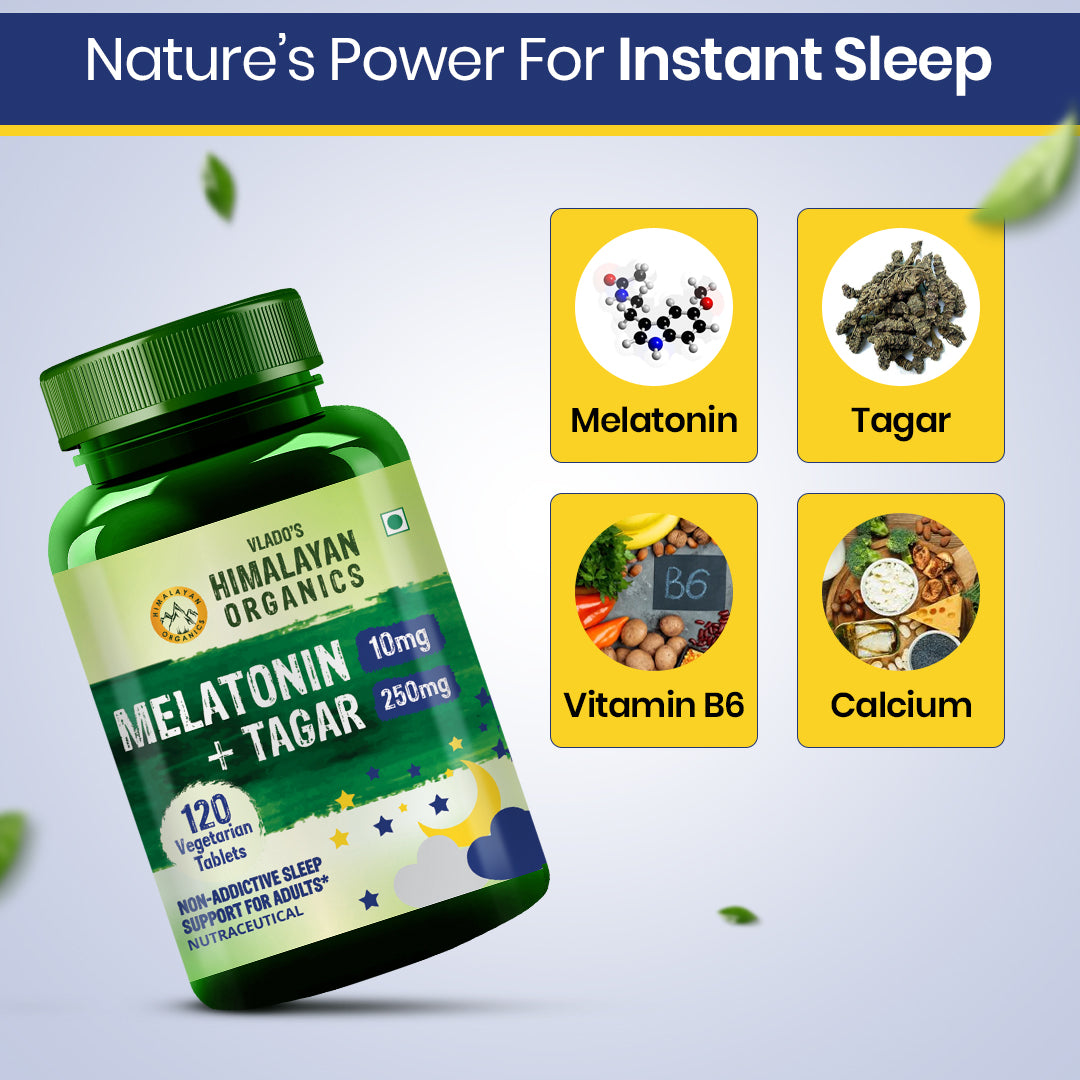Vlado's Himalayan Organics Melatonin 10mg + Tagar 250mg | Non-Habit Forming, Potent Sleep Aid Formula  - 120 Veg Tabs