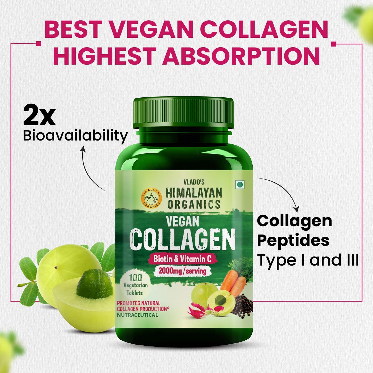 Vlado's Himalayan Organics Vegan Collagen 2000Mg With Biotin And Vitamin C  (100 Tablets)
