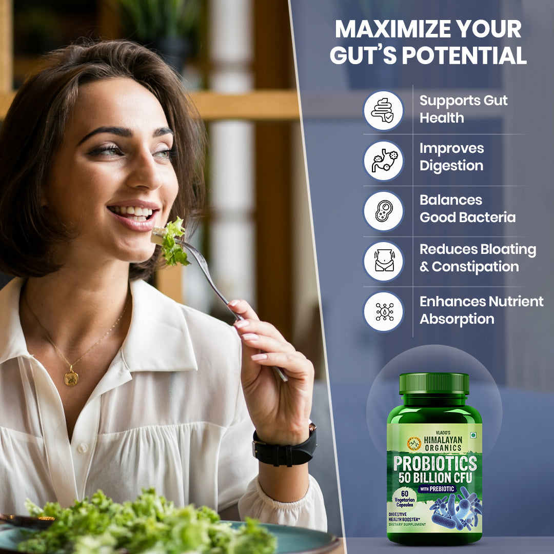 Vlado's Himalayan Organics Probiotics Supplement 50 billion CFU with Prebiotics 150mg for Digestion, Gut Health & Immunity - 60 Veg Capsules