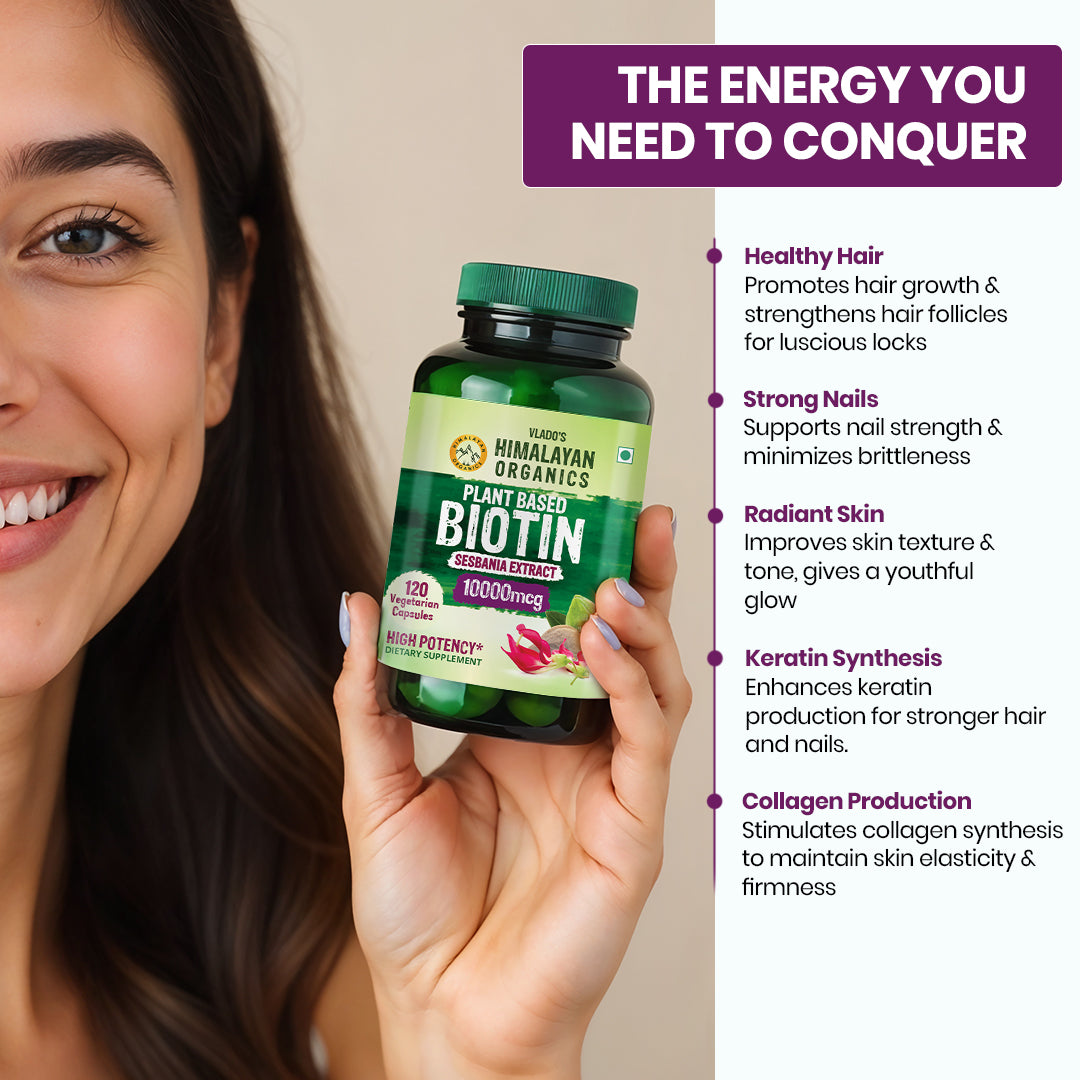 Vlado's Himalayan Organics Plant Based Biotin 10000 mcg for Hair Growth - 120 Veg Capsules