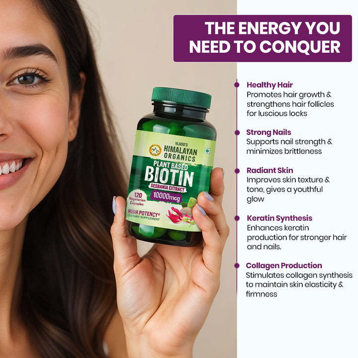 Vlado's Himalayan Organics Plant Based Biotin 10000 mcg for Hair Growth - 120 Veg Capsules