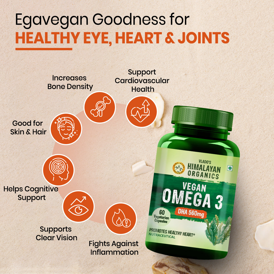 Vlado's Himalayan Organics Vegan Omega 3 6 9 with DHA (560mg) for Healthy Heart, Joints & Eyes for Men & Women - 60 veg capsules
