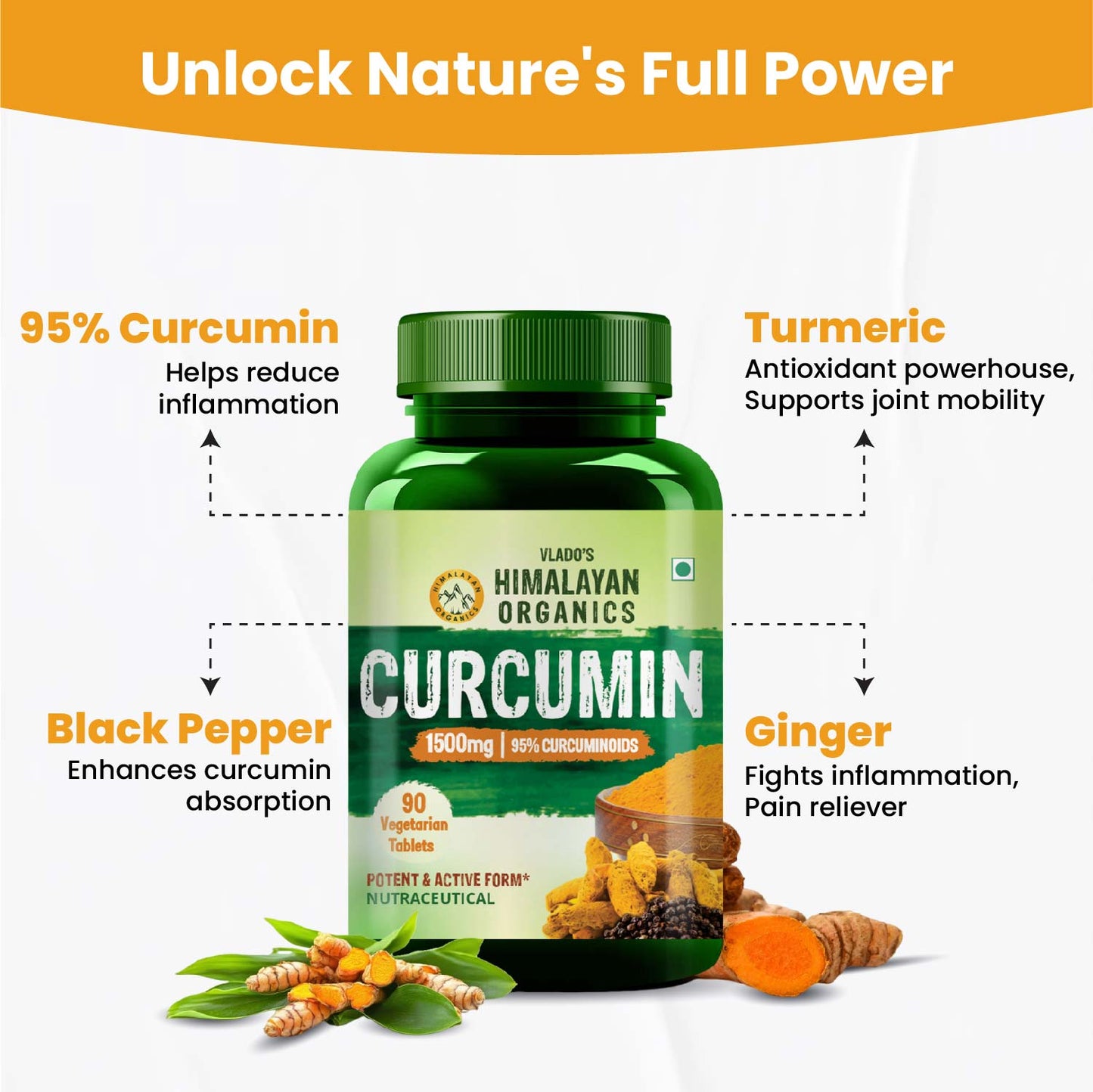 Vlado's Himalayan Organics Curcumin With Biopiperine 1500mg Tablets With 95% Curcuminoids Supplements For Better Absorption | Good For Skin & Joint pains | Immunity Booster for Men And Women - 90 Veg Tablets