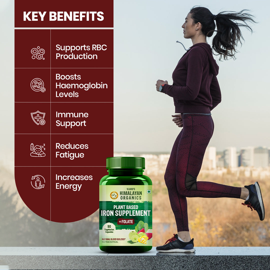 Vlado's Himalayan Organics Plant Based Iron with Folate for Better Hemoglobin, Immunity, Oxygen Binding Capacity - 90 Veg Capsules