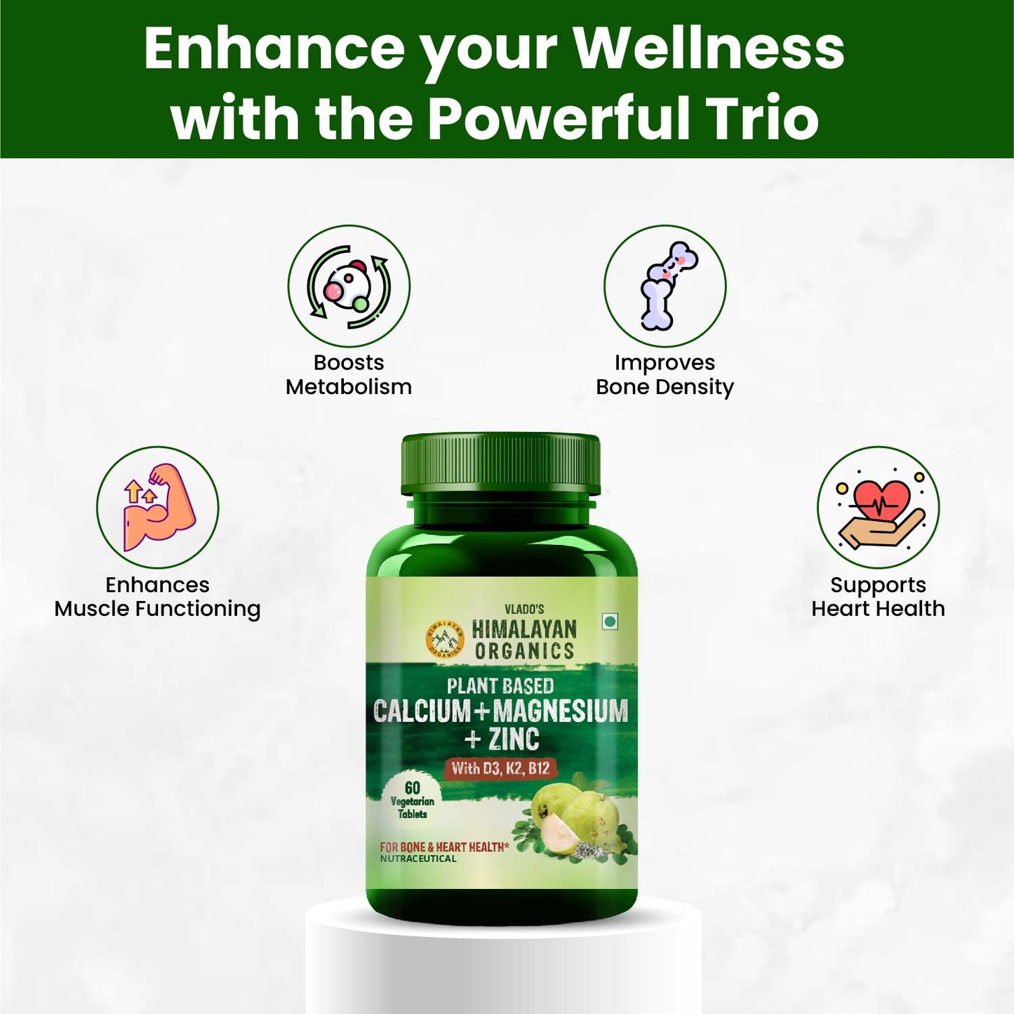 Vlado's Himalayan Organics Plant Based Calcium Magnesium + Zinc | Vitamin D3+k2 Supplement For Stronger Bones | Boost Immunity | Healthy Heart | Muscle Growth - 60Veg Tablets