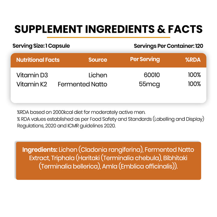 Vlado's Himalayan Organics Plant Based 600iU Supplement | Vitamin D3(Lichen) + K2(Menaquinone Mk7) | Faster Absorption | Boost Immunity | Healthy Bones -120 Veg Capsules