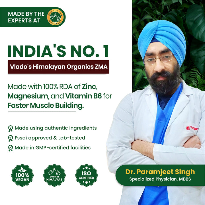 Vlado’s Himalayan Organics ZMA (Zinc Magnesium Aspartate & Vitamin B6) For Men And Women | Nighttime Sports Recovery Supplements | Boost Muscle And Bone Strength | Improve Sleep Quality - 120 Vegetarian Tablets