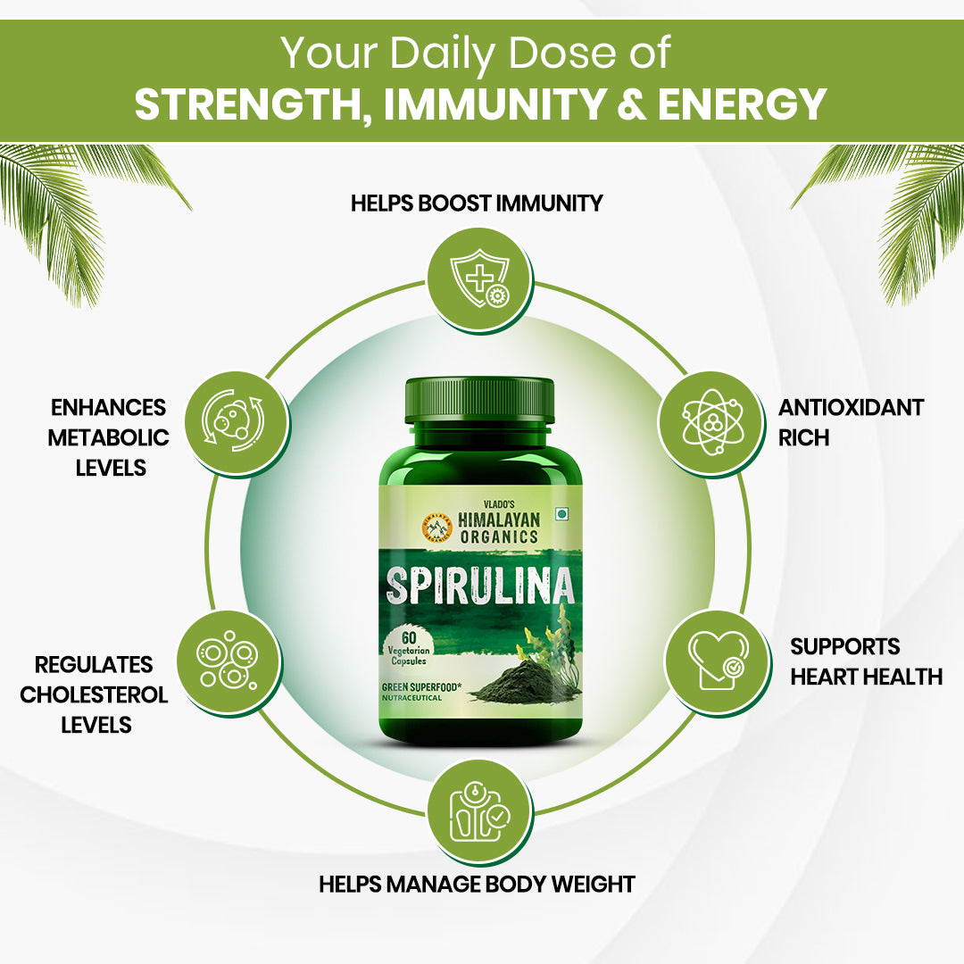 Vlado's Himalayan Organics Spirulina 2000mg Supplement | Green Food For Good Health Weight Management And Immunity Booster | Helps In Healthy Heart - 60 Veg Capsules