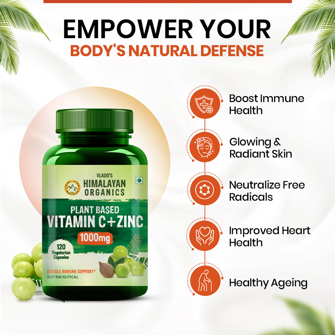 Vlado's Himalayan Organics Plant Based Vitamin C with Zinc (120 Capsules) As Amla Extract - Glowing Skin & Immunity