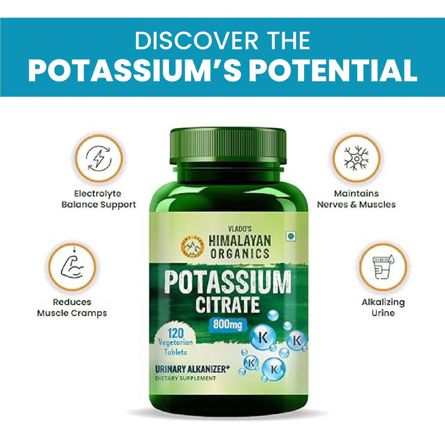 Vlado's Himalayan Organics Potassium Citrate 800mg | Supports Nerve & Muscle Health - 120 Veg Tablets