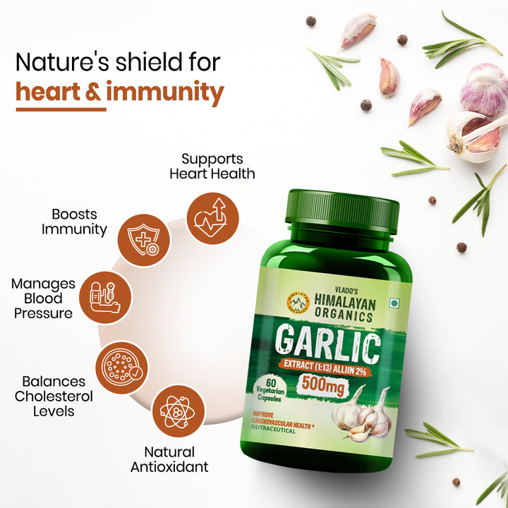 Vlado’s Himalayan Organics Garlic Extract 500Mg Supplement | Extract (1:13) Allium Sativum - 2% | Improve Heart Health, Boost Immunity, Maintain Cholesterol Level - 60 veg Capsules