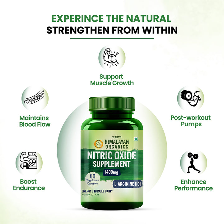 Vlado's Himalayan Organics Nitric Oxide 1400mg With L-Arginine HCI Caffeine Supplement | Good For Muscle Growth, Stamina, Recovery, Immune Booster & Energy- 60 Veg Capsules