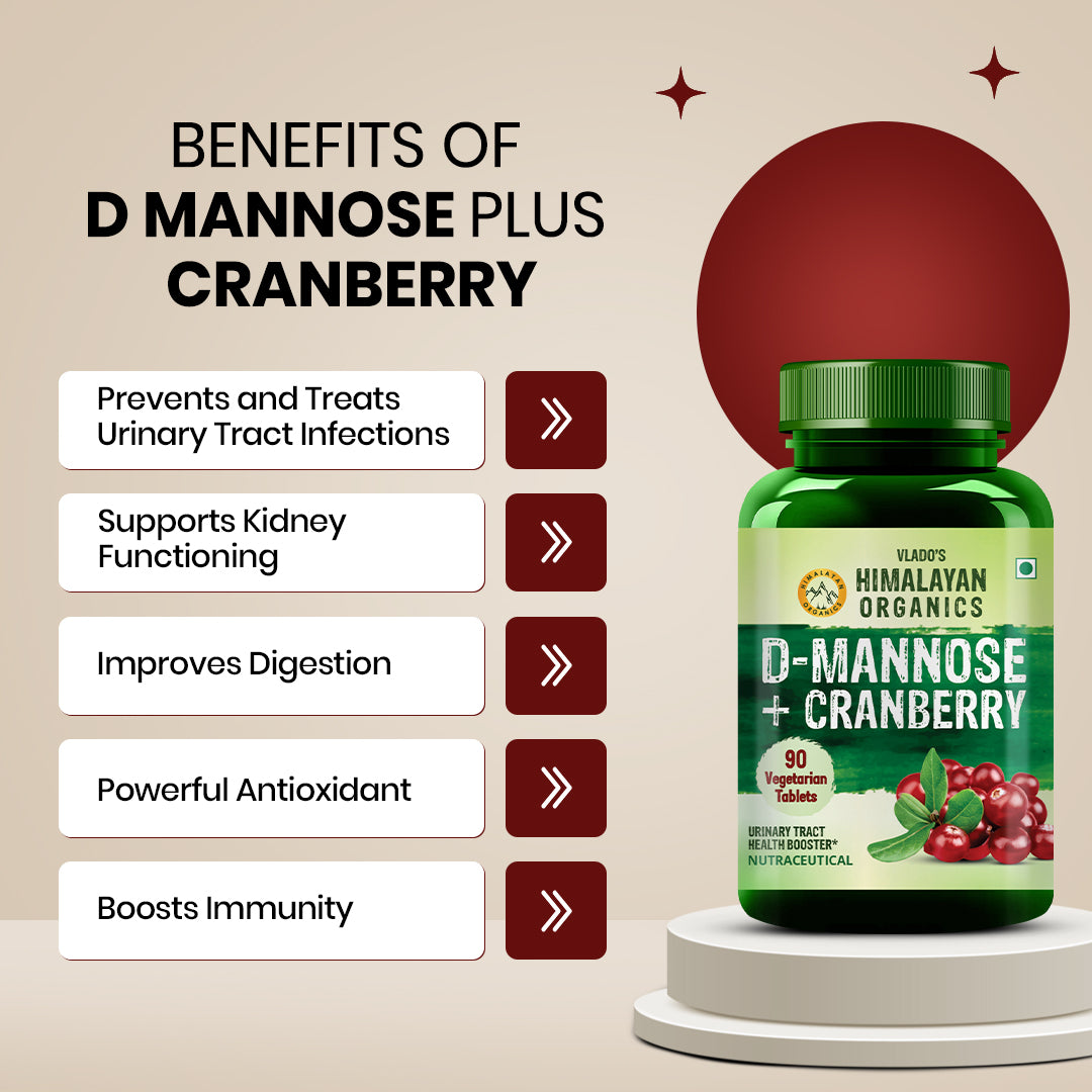 Vlado's Himalayan Organics D-MANNOSE + CRANBERRY Antioxidant Rich Supplement for Kidney Health & Urinary Tract Infection - 90 Tablets