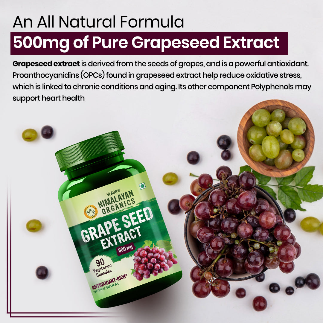 Vlado's Himalayan Organics Grape Seed Extract 500mg/Serving for Healthy Cholesterol Level - 90 Veg Capsules