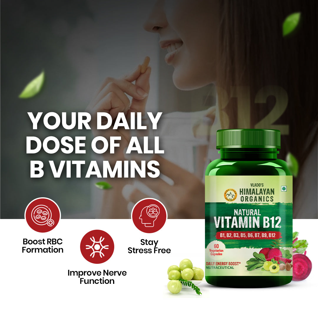 Vlado's Himalayan Organics Natural Vitamin B12 Supplement- with Vitamin B1,B2,B3,B5,B6,B7,B9,Moringa | Support Nerve Health & Brain Function I Energy Production, Energy, Maximize Absorption, Boost Metabolism I For Men & Women - 60 Vegetarian Capsules