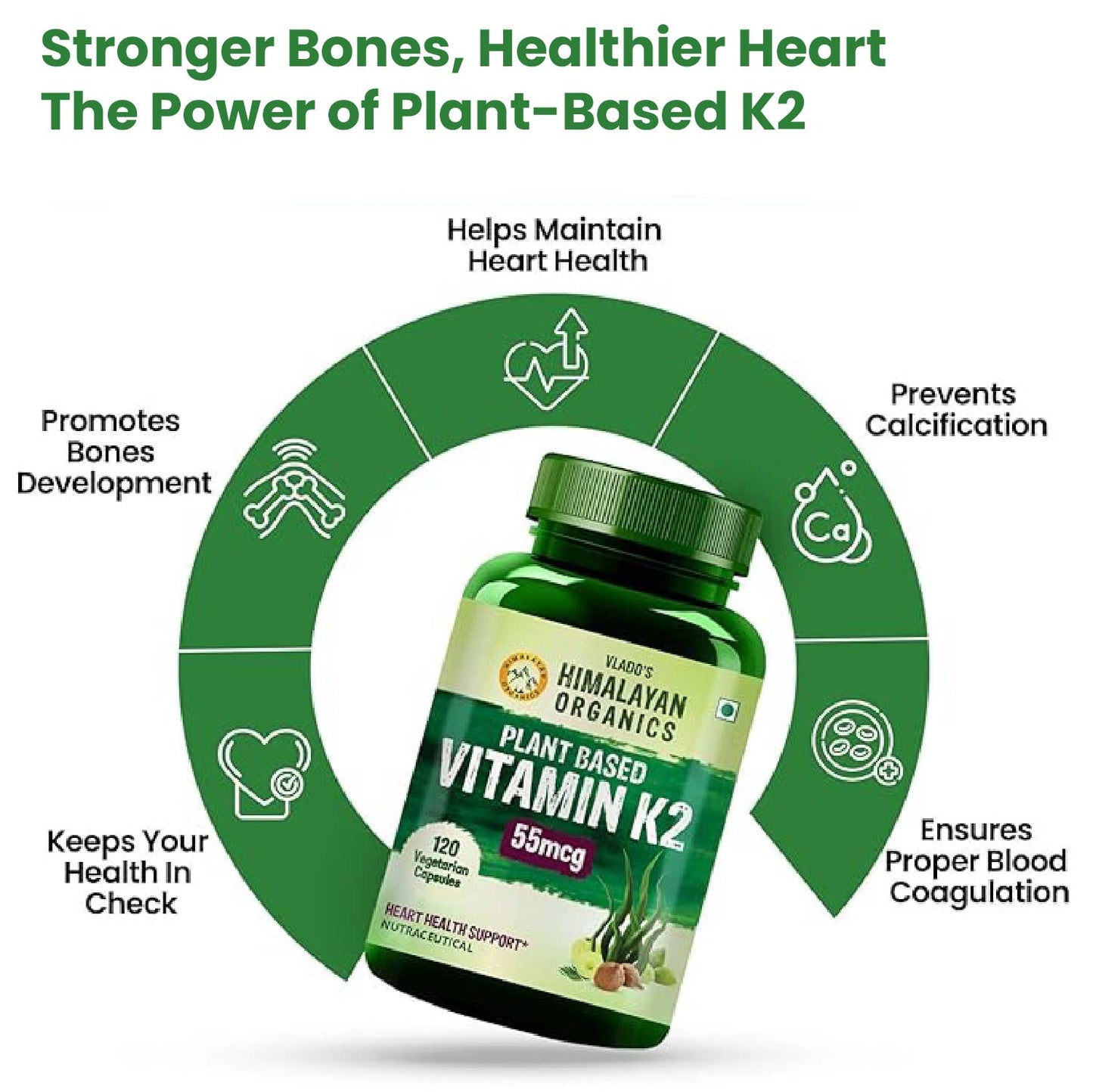 Vlado's Himalayan Organics Plant-Based Vitamin K2 Supplement Supports Stronger Bone & Heart Health - 120 Veg Capsules