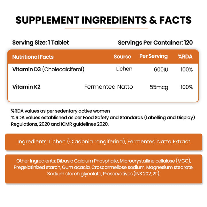 Vlado's Himalayan Organics Vitamin D3 600 IU + K2 as MK7 Supplement | Supports Stronger Immunity & Bone & Heart Health | Healthy Heart For Men And Women - 120 Veg Tablets