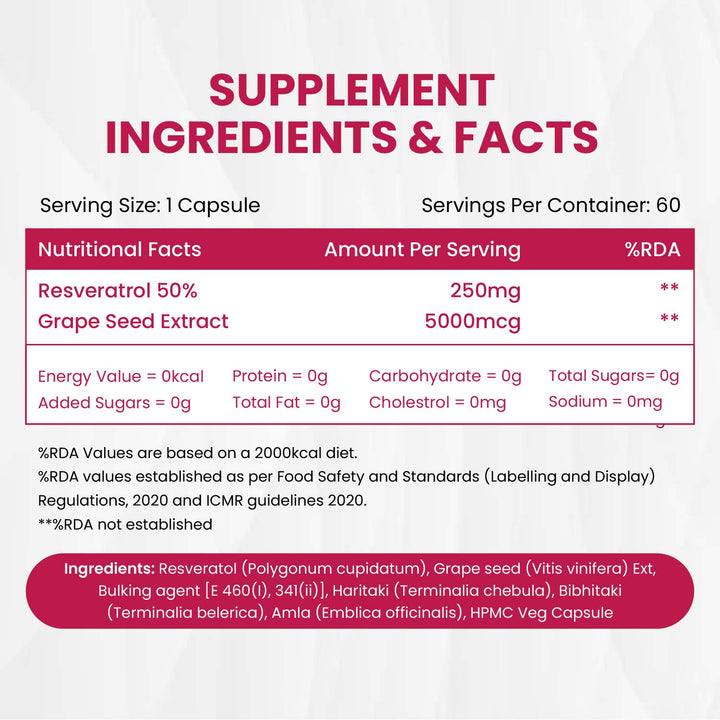 Vlado's Himalayan Organics Resveratrol 255mg with Grape Seed Extract Supplement | Support Heart And Skin Health | Powerful Anti-oxidant for Anti-Ageing - 60 Veg Capsules