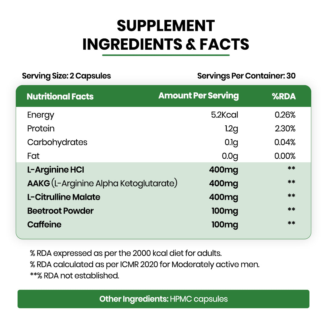 Vlado's Himalayan Organics Nitric Oxide 1400mg With L-Arginine HCI Caffeine Supplement | Good For Muscle Growth, Stamina, Recovery, Immune Booster & Energy- 60 Veg Capsules